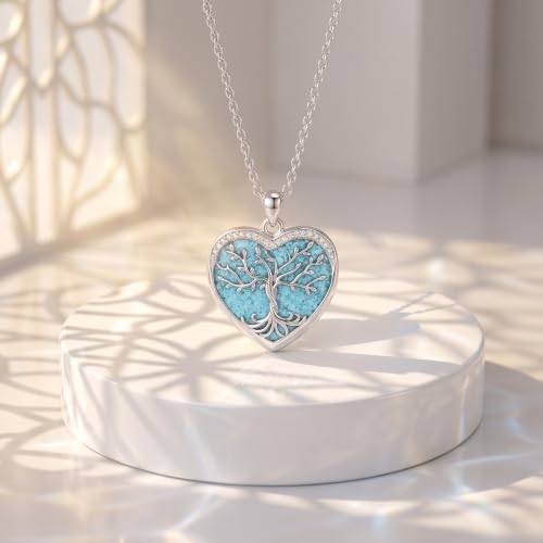 Heart Photo Locket Necklace 14K White Gold Plated Tree of Life Memory Necklace with Picture Turquoise Locket necklace with Picture Inside Tree of Life Jewelry Keepsake Memorial Gifts for Women