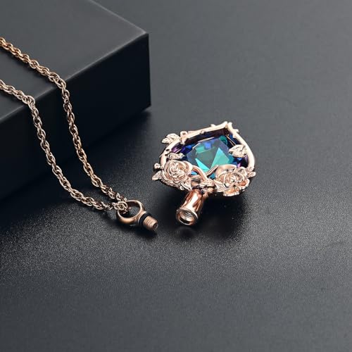 Cremation Jewelry for Ashes Rose Flower Urn Necklace with Crystal Heart Ashes Pendant Butterfly Necklaces for Women Men Memorial Keepsake Jewelry Gift - color: Rose-blue