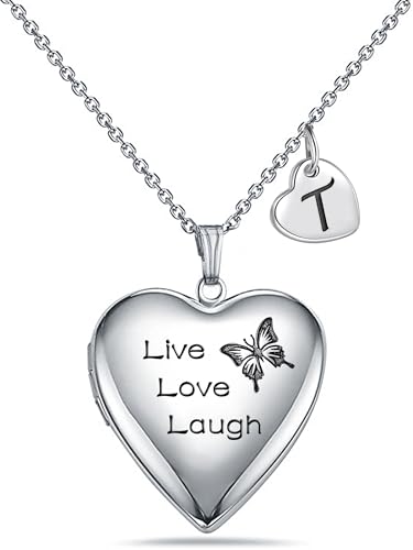 MUERDOU Butterfly Locket Necklace that Holds Pictures Initial Alphabet Letter Heart Shaped Photo Memory Locket Pendant Necklace - style: T