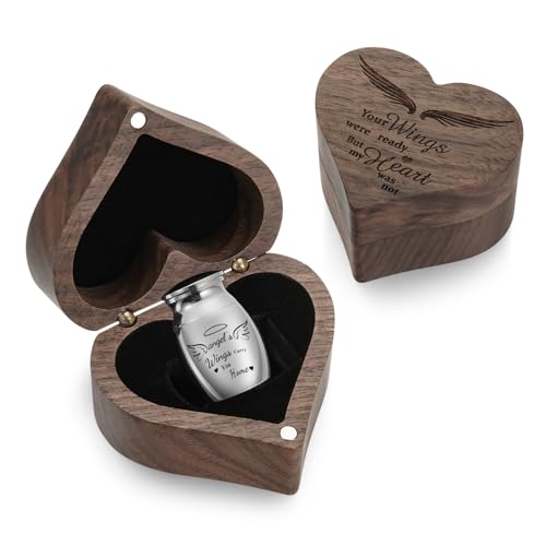 SOITIS Heart Wood Urn Box Mini Urns for Human Ashes 1.2 Inches Small Urns for Human Ashes Keepsake Angel Wings Cremation Keepsake Urn Small Urn for Ash for Women Men - color: Heart Box a