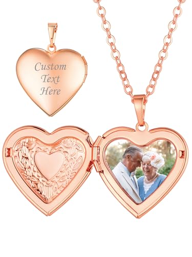 Custom4U Personalized Heart Locket Necklace with Pictures,Sunflower/Angel Wings/Heart Shaped Lockets Custom Photo,Gold/Rose Gold/White Lockets That Holds Picture,Customized Memorial Jewelry for Women - color: B-Heart-Rose Gold(Locket + Photo + Engraving)