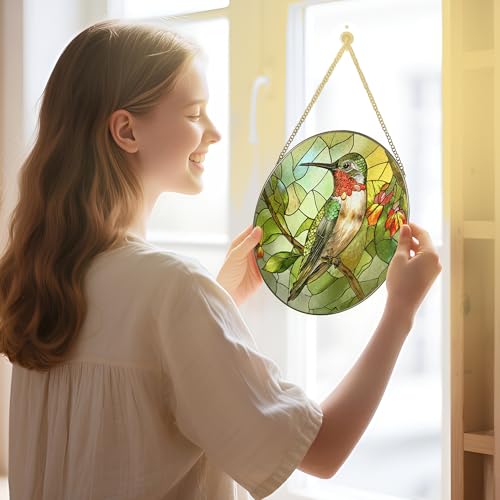 Stained Glass Window Hanging, 8" Stained Glass Hummingbird Suncatcher, Hummingbird Gifts for Women | Christmas, Mother’s Day, Easter, Birthday Gifts for Mom, Grandma, Nana, Wife, Sister & Bird Lovers - color: Hummingbirds