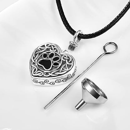 Dreamboat Pet Urn Necklace for Dog Cat Ashes 925 Sterling Silver Paw Print Cremation Keepsake Pendant Celtic Knot Memorial Jewelry Gifts for Women Men - style: 03A-Heart (Silver)