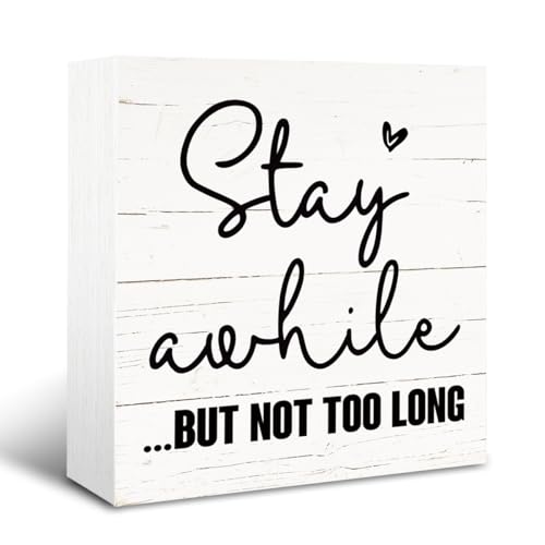 Funny Front Door Signs, Country Style Home Decor, Shelf Decoration for Porch, Living Room Decors, Desk Decors Art, Wooden Box Sign Decorative, Stay Awhile But Not Too Long Sign, 5×5×1.2inches - color: Home20