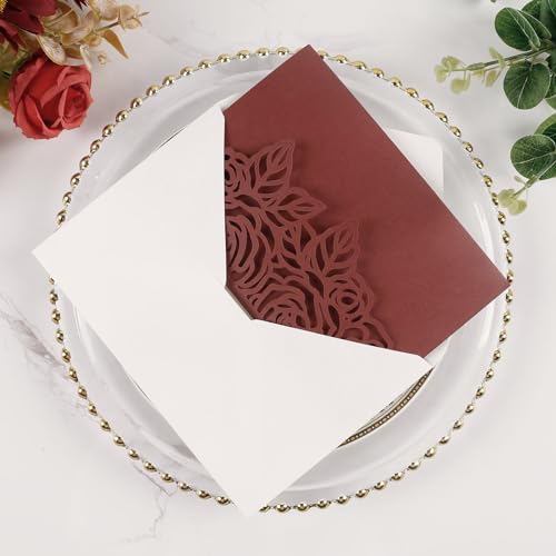 50pcs Tri Fold Wedding invitations Rose Hollow Laser Cut 5x7 '' Burgundy | Blank Wedding Invitation Cards with Envelopes and RSVP Card for Anniversary Engagement Bridal Shower Quinceanera Party Invite - color: Burgundy