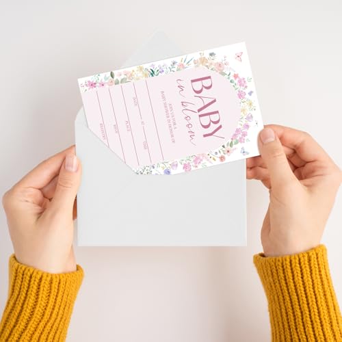Baby in Bloom Baby Shower Invitations for Girls Boys, Floral Baby Announcement Invite Cards, 25 Set of Fill-in Baby Shower Invites with Envelopes, Gender Reveal Party Supplies -B06 - color: Floral-01