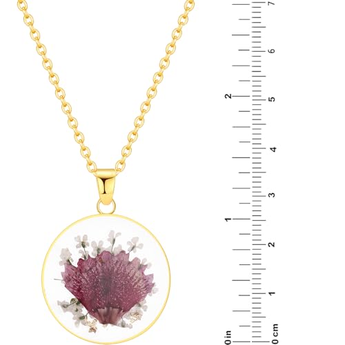 AUNTESIGN Forget-Me-Not and Queen Anne's Lace Pressed Wildflower Necklace | Birth Month Flowers Necklace | Gold/Silver Pressed Flower Jewelry | Mother's Day | Gift For Her - color: Carnation Necklace