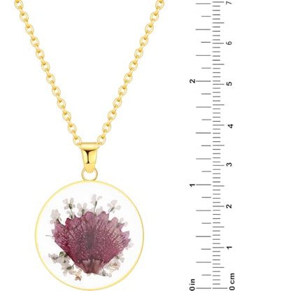AUNTESIGN Forget-Me-Not and Queen Anne's Lace Pressed Wildflower Necklace | Birth Month Flowers Necklace | Gold/Silver Pressed Flower Jewelry | Mother's Day | Gift For Her - color: Carnation Necklace
