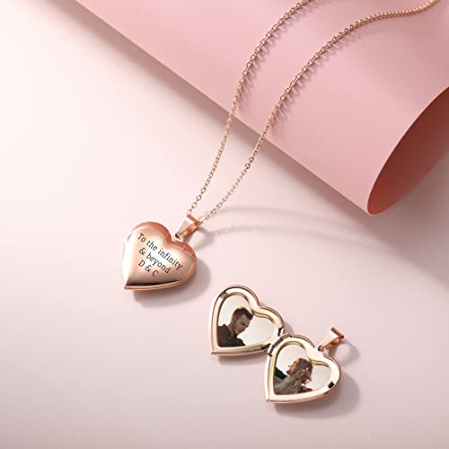 Personalized Heart Locket Necklace for Women with Picture Custom Inside Engraved Text Silver/Gold/Rose Gold Photo Locket Stainless Steel Memorial Gifts for Mom Daughter Grandmother - color: E3: Custom Text (Rose Gold)