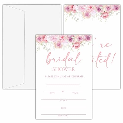 Bridal Shower Invitations, 25 Pink Floral Invites with Envelopes for Bridal Shower Reception Engagement Party, Garden Flower Wedding Party Cards - B10 - style: Pink Flower 3