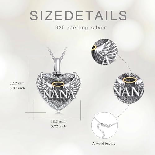 Family Members Urn Necklace for Ashes 925 Sterling Silver Angel Wings Heart Cremation Memorial Keepsake Pendant Jewelry for Loved One's Ashes, with 18" + 2" Stainless Steel Chain - style: Heart-NANA
