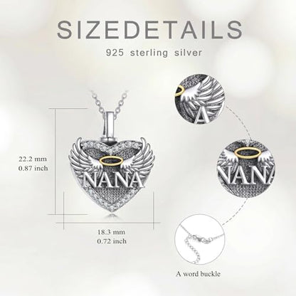Family Members Urn Necklace for Ashes 925 Sterling Silver Angel Wings Heart Cremation Memorial Keepsake Pendant Jewelry for Loved One's Ashes, with 18" + 2" Stainless Steel Chain - style: Heart-NANA