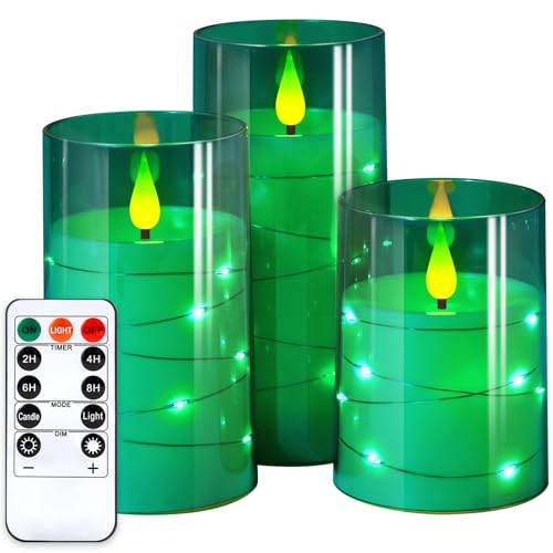 NURADA Flickering Flameless Candles: Built-in Star String Acrylic Battery Operated LED Pillar Candles with Remote and Timer for Home Party Weddings Christmas Halloween Decor -Green 3 Pack - color: Green, size: 4-5-6 inches