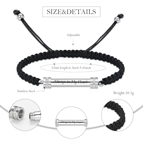 Hearbeingt Cylinder Cremation Bracelet for Ashes Adjustable Rope Urn Bangle - color: C-Silver-Always in My Heart