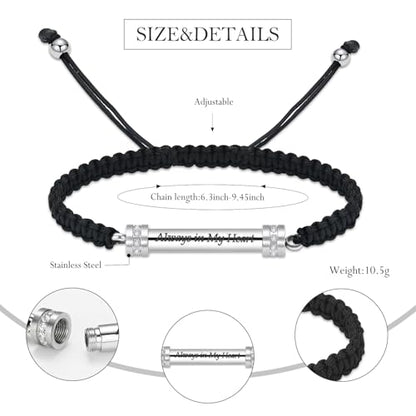 Hearbeingt Cylinder Cremation Bracelet for Ashes Adjustable Rope Urn Bangle - color: C-Silver-Always in My Heart