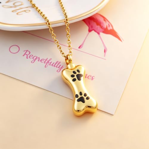 Custom Dog Bone Memorial Pendant Necklace with Paw Print, Stainless Steel Personalized Pet Cremation Jewelry Puppy Animal Urn Pendant Best Friends Friendship Pet Keepsake Gifts Dog Urn Necklace for Ashes for Dog Lovers - color: Gold