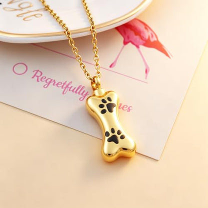 Custom Dog Bone Memorial Pendant Necklace with Paw Print, Stainless Steel Personalized Pet Cremation Jewelry Puppy Animal Urn Pendant Best Friends Friendship Pet Keepsake Gifts Dog Urn Necklace for Ashes for Dog Lovers - color: Gold