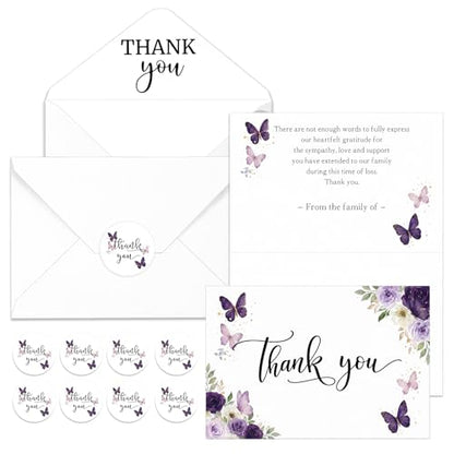 Fumete 50 Set Funeral Thank You Cards, Purple Butterfly - style: Purple Butterfly