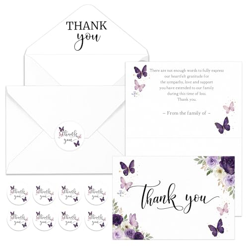 Fumete 50 Set Funeral Thank You Cards, Purple Butterfly | with Envelopes and Sticker Thank You Sympathy Card with Message Bereavement for Funeral Family Loved Ones Celebration of Life - style: Purple Butterfly