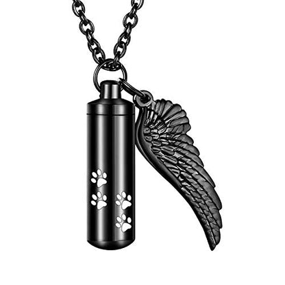 abooxiu Cylinder Cremation Necklace for Pet Ashes With Angel Wing Paw - Urn Necklace for Dog/Cat Memorial Keepsake Jewelry - color: Black-M