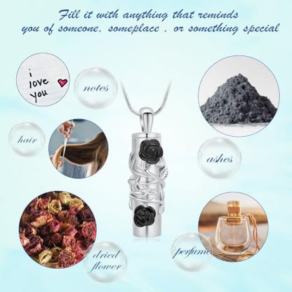 Cylinder Urn Necklace for Ashes Roseflower Cremation Jewelry Urn Ashes Necklace for Women Men Memorial Keepsake Necklace of Loved One - color: Silver-Black