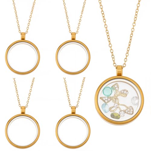4 Sets Real 18K Gold Plated Stainless Steel Locket Pendant Floating Locket Charms Screw Thread Closure Round Clear Photo Charm Keepsake Necklace for Women Friendship Jewelry Making Nostalgic - style: 25mm gold rhinestone