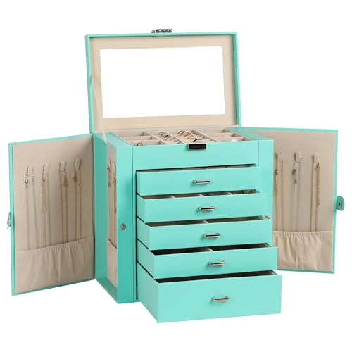 6-Layer Jewelry Box for Women,Large Jewelry Organizer with Drawer | Faux Leather,Built-in Mirror,Spacious Jewelry Storage,16 Necklace Hooks,Organizing by Category for Rings Earrings Bracelet - color: Turquoise, size: Large