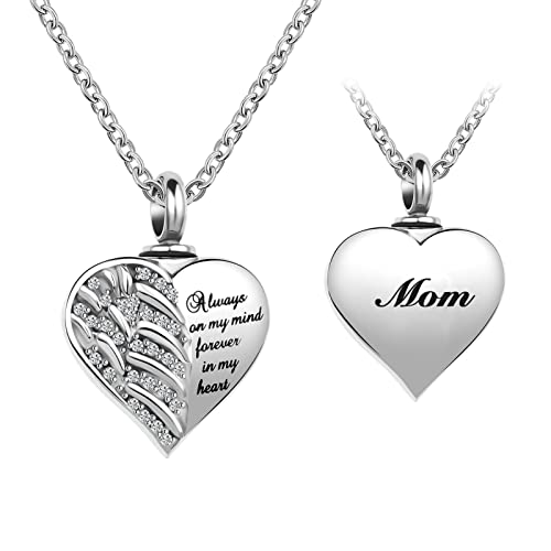 Guardian Angel Wings Cremation Jewelry for Ashes Heart Crystal Urn Necklaces for Ashes Memorial Keepsake Necklace Always on Mind Forever in My Heart - style: Mom