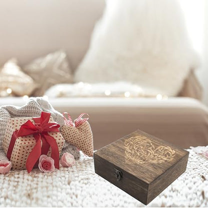 Wooden Memory Keepsake Box with Lid, Floral Heart Engraved Keepsake Box Decorative Storage Case For Photos Letter Time Capsule, 7.7 x 7.7 x 2.7 Inches