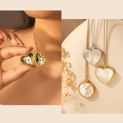 Anavia Personalized Photo Locket Necklace, Mother of Pearl Shell Handmade Custom Engraved Gold Plated Stainless Steel Pendant Necklace Jewelry Gift for Her Women Mother - color: Silver, size: Heart