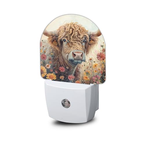 Highland Cow Wildflowers Night Light,Night Lights Plug into Wall with Dusk to Dawn Sensor,Lamp for Bedroom Bathroom Hallway Nightlight for Women Girls - color: Highland Cow Wildflowers