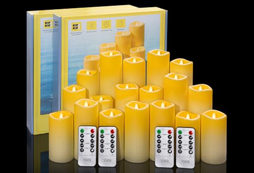 YIWER Plastic Waterproof Flameless Candles Set of 18: Battery Operated Candles Ivory Flickering Pillar Candles Include 4"/5"/6"/7"/8"/9" with 10-Key Remote 2/4/6/8H Timer Function - color: D2.2"-Waterproof, size: 18 PCS