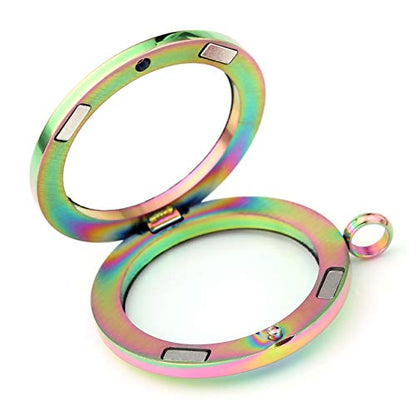 Zysta Silver Round Locket Pendant Necklace 30mm Glossy Stainless Steel Clear Glass Living Memory Floating Charms Stone Storage - color: Rainbow-Matte-30mm