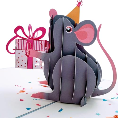 Gifts And Cards Happy Mouse Birthday Party Hat Gift 3D Pop-Up Card 6"x8" | Best Wishes, Congratulations, Cheerful Animal Lovers Presents, Feliz Cumpleaños, Friend, Daughter, Son, Festive Keepsake - color: Mouse Birthday