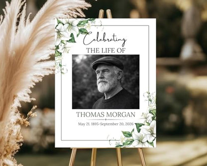 White Floral Funeral Welcome Sign, Elegant Celebration of Life Welcome Sign, in Loving Memory Sign, Celebration of Life, Celebration of Life Sign, Memorial Sign with Photo,Funeral Welcome Sign & - color: Version #2