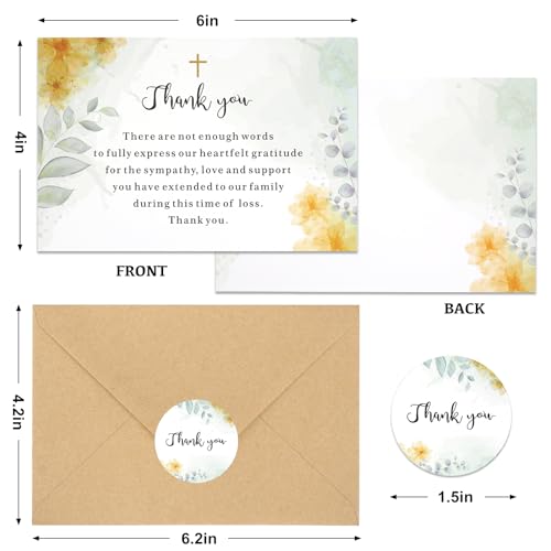 50 Set Funeral Thank You Cards with Envelopes and Matching Seal Stickers,Thank You Sympathy Cards with Message,Bereavement Sympathy for Funeral Family Friends Loved Ones（flowers） - style: Flower