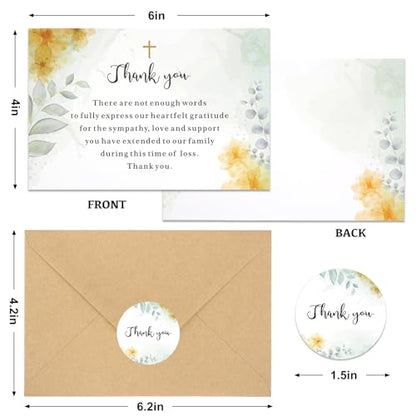 50 Set Funeral Thank You Cards with Envelopes and Matching Seal Stickers,Thank You Sympathy Cards with Message,Bereavement Sympathy for Funeral Family Friends Loved Ones（flowers） - style: Flower