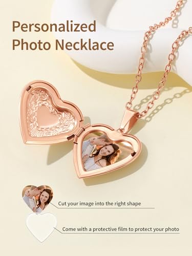 FindChic Locket Necklace for Women Custom Photo Memorial Gifts Multi-Shaped | Silver/Black/Rose Gold/Gold Plated Personalized Gifts for Loved Ones, Birthday Valentine's Day Keepsake - color: Rose-Heart to Heart