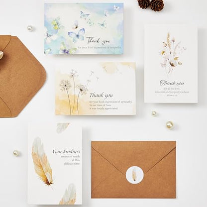 Crisky 50 PK Funeral Thank You Cards with Envelopes, Thank You for Your Sympathy Cards Watercolor Flowers Butterflies Bereavement Sympathy Thank You Cards for Funeral Family Friends
