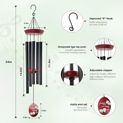 Windchime Cardinal Memorial Wind Chimes –Tuned Sympathy Wind Chime with “Cardinals Appear When Angels Are Near” Saying, Red Bird Wind Sail, Outdoor Garden Gift for Loss of Loved One, Mom, Grandma - color: Mom