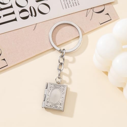 2PCS Elegant Heart Locket Keychain with Decorative Chain Stainless steel, Heart Pattern Design, Photo Frame Pendant - color: Book