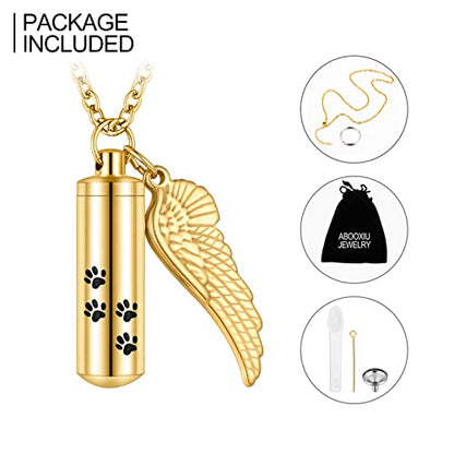 abooxiu Cylinder Cremation Necklace for Pet Ashes Urn Necklace with Angel Wing Pet Paw Ashes Necklace for Dog/Cat Memorial Keepsake Jewelry - color: Gold