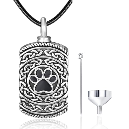 Dreamboat Pet Urn Necklace for Dog Cat Ashes 925 Sterling Silver Paw Print Cremation Keepsake Pendant Celtic Knot Memorial Jewelry Gifts for Women Men - style: 05A-Rectangle (Silver)