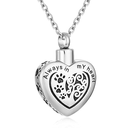 Heart Pet Urn Necklace for Ashes Dog Cat Paw Print Memorial Keepsake Jewelry Always In My Heart Engraved Pet Ashes Casket Tree of Life Pet Cremation Urn Pendant Necklace - color: Silver