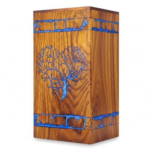 Wooden Cremation Urn Extra Large Size Adult Wood Box Capacity 250 lbs Ashes for a Man or Woman Ground Burial Home or Funeral Memorial Cremation for Ashes (Blue, Large, Tree of Life) - color: Blue