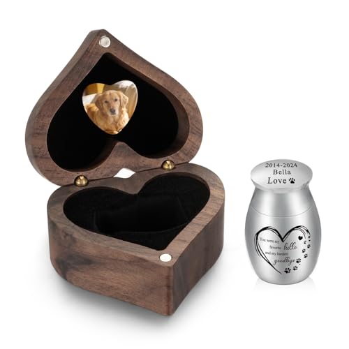 SOITIS Engraving Small Pet for Dog Cats Urns for Ashes Wooden Heart Box, 1.18 Inches Stainless Steel Pet Urns for Cat Ash Customized Memorial Urn - color: Custom-heart Box