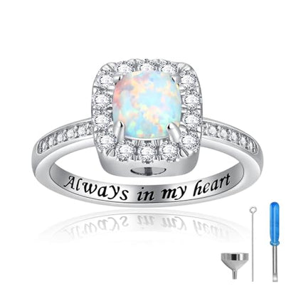 925 Sterling Silver Cremation Urn Ring for Women Memorial Ashes Keepsake Jewelry to Honor Loved Ones - color: White opal