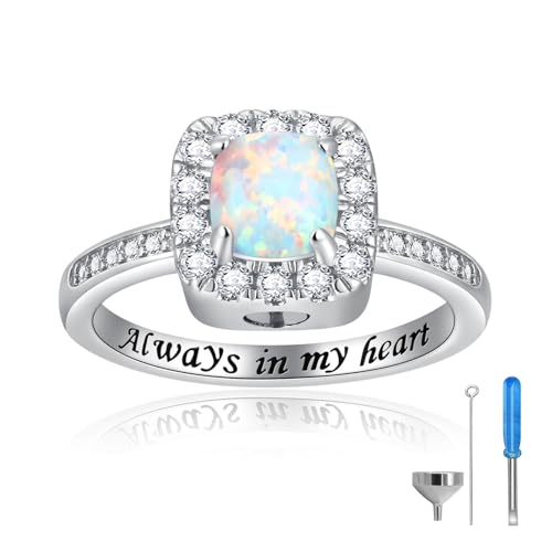 925 Sterling Silver Cremation Urn Ring for Women Memorial Ashes Keepsake Jewelry to Honor Loved Ones - color: White opal