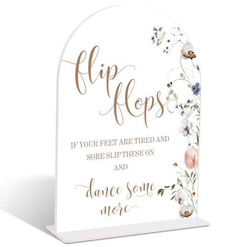 Boho Floral Flip Flops Sign, Arch Acrylic Sign with Stand, Wedding Signage for Reception, Bridal Shower Table Decor, Engagement Party Decorations, Wedding Must Haves for Reception, 6x8 Inches, 13 - color: Flip Flops Sign, 13