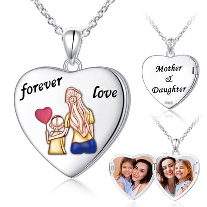 DAOCHONG Heart Locket Necklace Photo Memory Jewelry for Women | Sterling Silver Cremation Pendant | Holds 2 Photos | Keepsake for Women Mom Grandma Daughter | Memorial for Loved Ones & Pets - style: Mother and Daughter Photo Locket